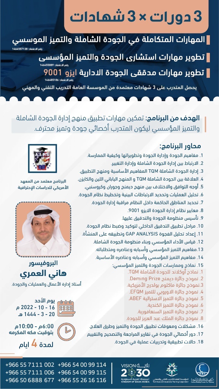 دورة: المهارات المتكاملة في الجودة الشاملة والتميز المؤسسي , دورة: تطوير مهارات استشاري الجودة والتميز المؤسسي ,  دورة: تطوير مهارات مدققي الجودة الادارية أيزو ٩٠٠١